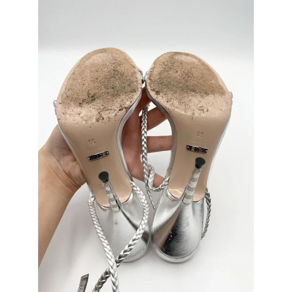 Gucci Silver Braided Strap Nappa Leather Stiletto Heels Sandals SZ EU 39 - Picture 12 of 15